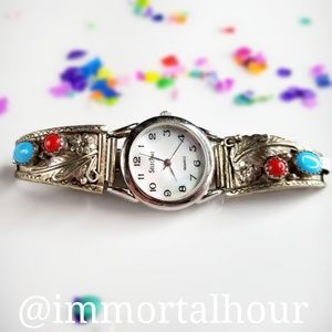 Sterling Silver Native Turquoise Coral Watch